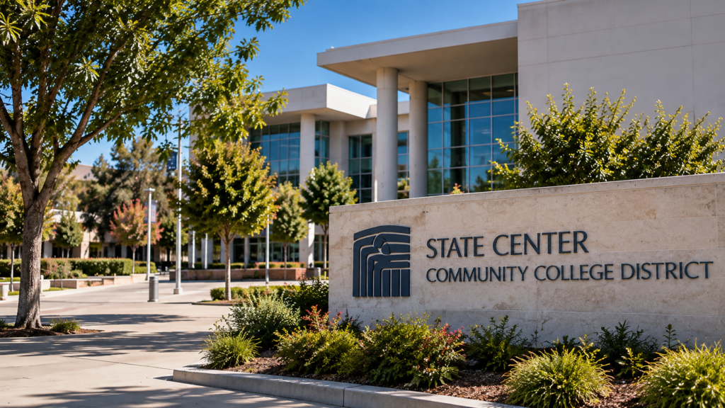 Fresno City Councilmember Miguel Arias and a State Center Community College District campus representing his short-lived interim appointment.