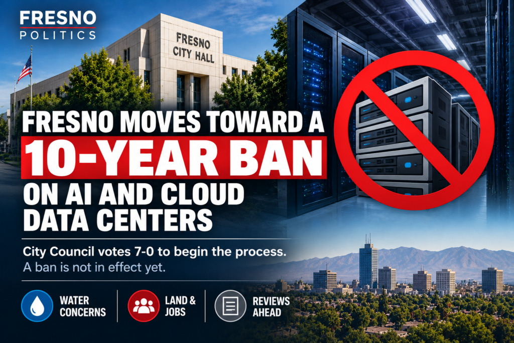Fresno City Hall and a data center with a red prohibition symbol, promoting Fresno’s proposed 10-year ban.